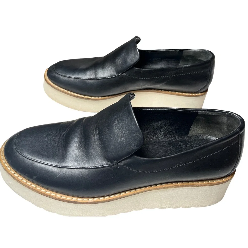 Vince Black Leather Platform Slip On Loafers Flatform Shoes US 7M EUR 37‎